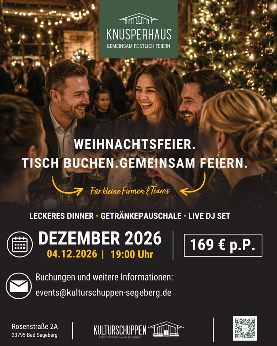 Knusperhaus Party Beschreibungsplakat der Knusperhaus Firmenweihnachtsfeier im Kulturschuppen