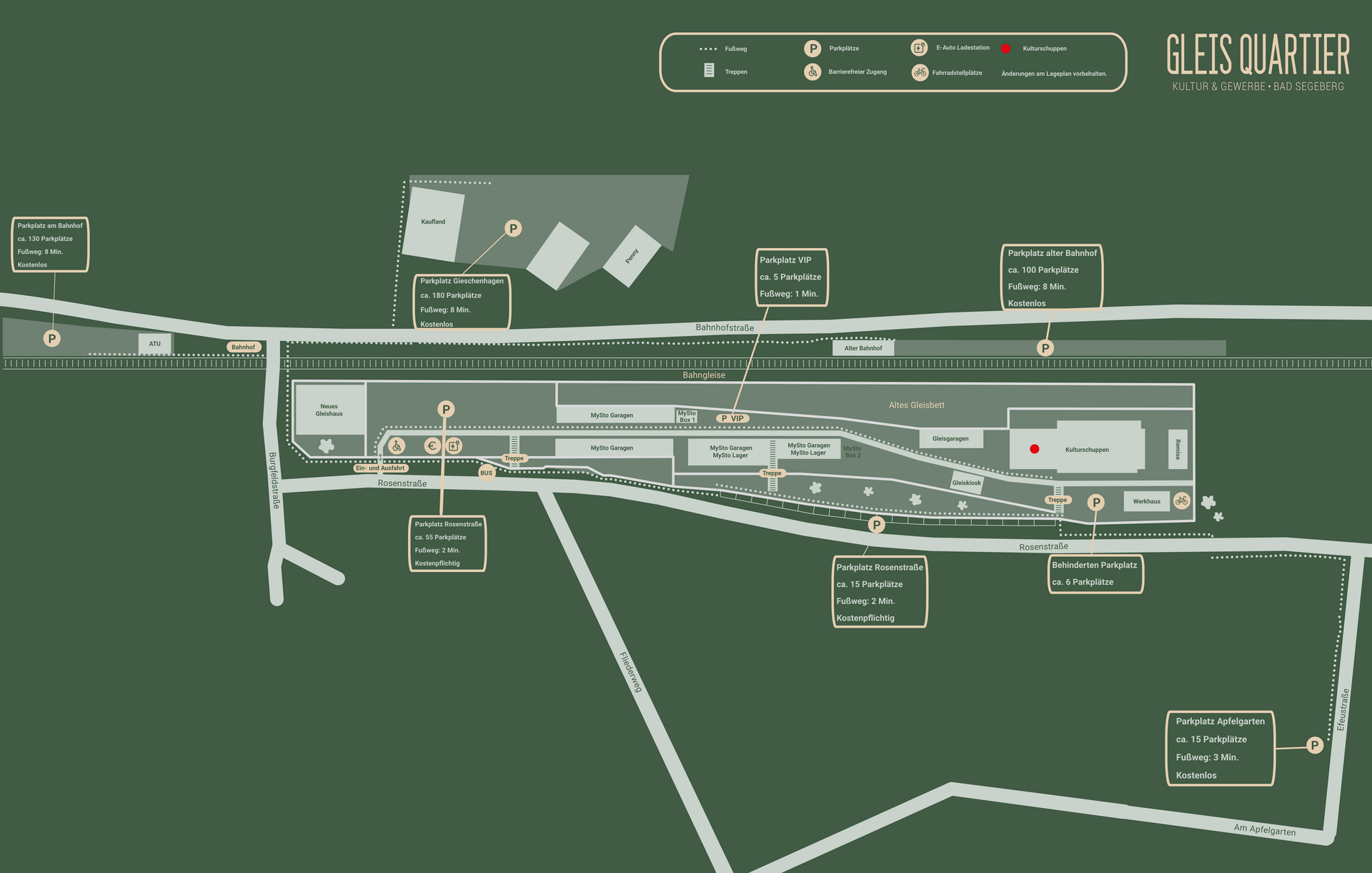 Lageplan des Kulturschuppens und der öffentlichen, kostenlosen und kostenpflichtigen Parkplätze in unmittelbarer Umgebung des Kulturschuppens auf grünem Hintergrund