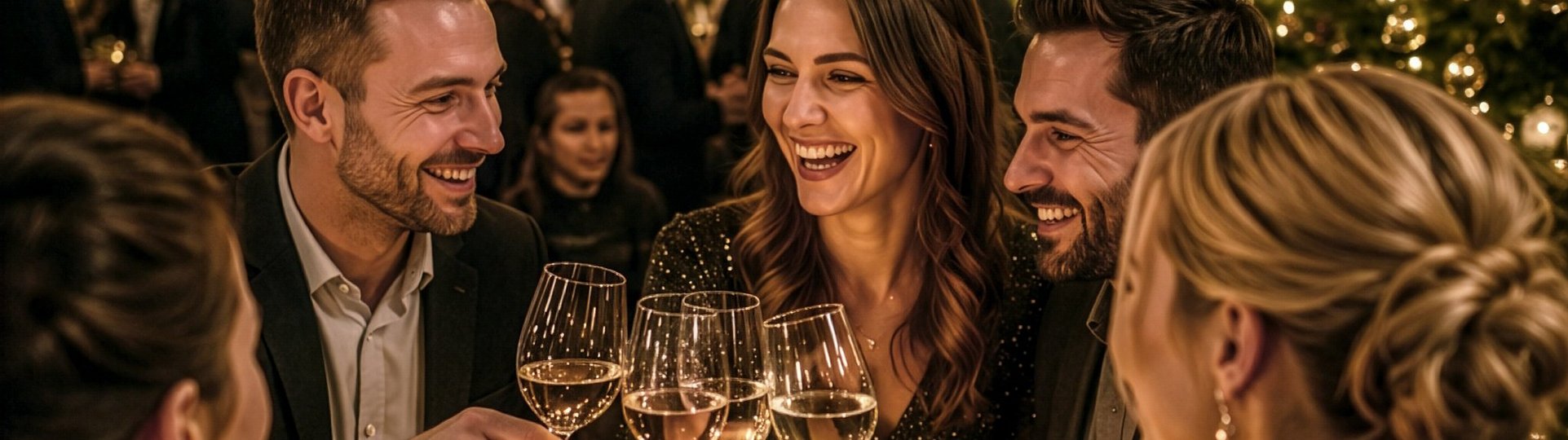 Weihnachtlich geschmückter Raum mit Menschen am Tisch die anstoßen