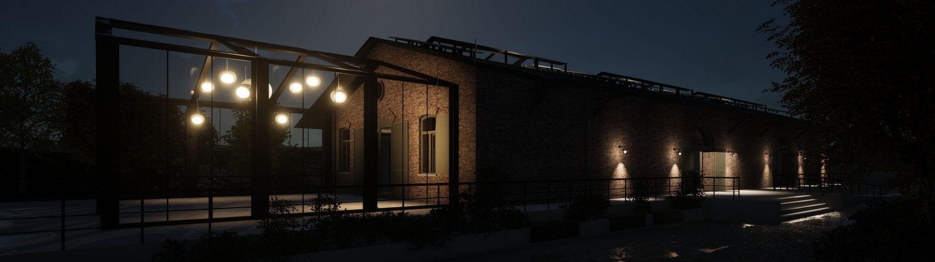 3D Animation eines beleuchteten Wintergartens in der Nacht