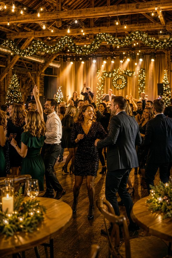 Knusperhaus Moodbild Weihnachtlich geschmückter Raum mit tanzenden Menschen