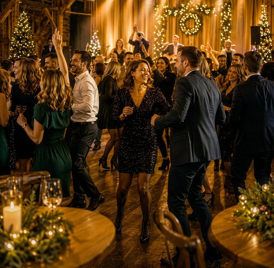 Weihnachtlich geschmückter Raum mit tanzenden Menschen